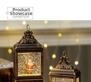 Close-up of vintage bronze Christmas lantern with Santa scene and swirling glitter snow