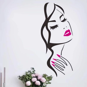 Modern minimalist black line art wall sticker of woman profile with pink lips and nails