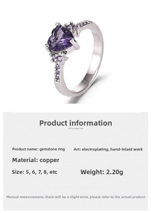Detail of heart-shaped purple amethyst ring with specification chart and dimensions