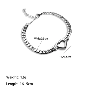 Silver cuban chain bracelet with heart pendant and product dimensions on white background