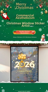Detail of 2026 golden balloon window stickers with festive reindeer and snowflake elements