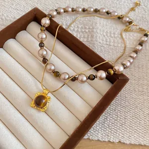 Tiger eye square pendant pearl necklace set with vintage gold chain for women