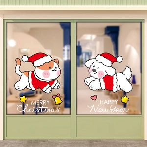 Christmas Window Clings Static Stickers Cartoon Cat Dog PVC Double Sided Festive Glass Door Shop Decoration Removable