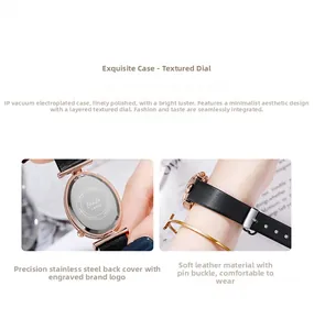 Detailed view of women oval watch with rose gold case, leather strap and stainless steel back