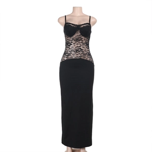 Close-up of semi-transparent lace bodice and slim fit design on black party dress