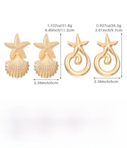 Detailed size and weight specs for gold starfish and seashell statement earrings