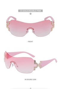 Front and side view of Y2K rimless sunglasses with pink gradient lenses and rhinestone studs