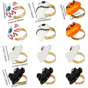 Detailed size measurement chart for adjustable Halloween themed ring set with ghost and pumpkin