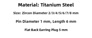Titanium steel stud earrings specifications showing 2mm to 8mm zircon sizes and dimensions