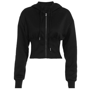 Detail of a black zip-up cropped hoodie with drawstring hood and cinched waist design