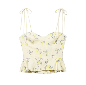 Close-up of floral poplin top featuring delicate tie straps and a ruffled peplum hem