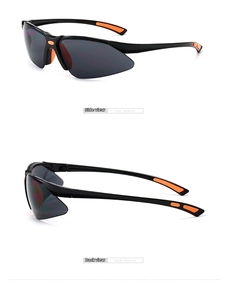 Side and back view of protective cycling sunglasses with orange accents and gray lenses