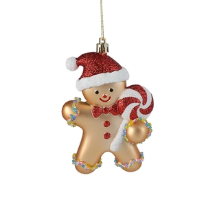 Champagne gold gingerbread man ornament with red glitter hat for Christmas tree decor