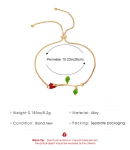 Detail showing dimensions of red rose enamel charm bracelet with 26cm adjustable chain