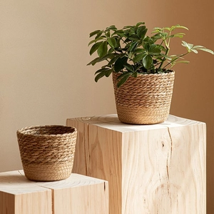 Natural Seagrass Woven Flower Pot Basket Waterproof Liner Nordic Indoor Plant Cover Rustic Decorative Planter Storage