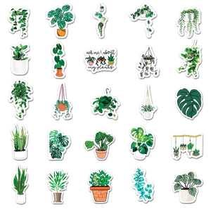 Detailed grid layout of waterproof plant stickers featuring green potted houseplant designs