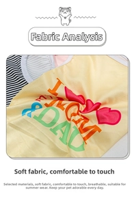 Close-up of soft breathable yellow pet vest with I LOVE MOM & DAD rainbow print
