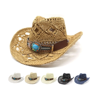 Western Cowboy Straw Hat Hollow Breathable Paper Sun Protection Wide Brim Bohemian Ethnic Turquoise Band For Women Men