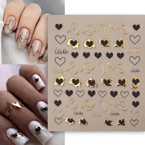 5D Embossed Nail Stickers Heart Love Pattern Gold Black Bronzing DIY Manicure Decoration Waterproof French Style