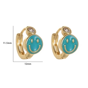 Golden smiley face hoop earrings with blue enamel and sparkling zircon accents