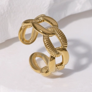 Minimalist gold-plated link chain open ring with smooth and textured metal finishes