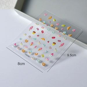Macro detail of 5D embossed bakery nail art stickers with 3D dessert patterns and size info