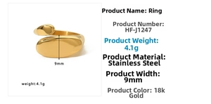 Detail view of 9mm wide 18k gold plated stainless steel ring with smooth flat oval surfaces
