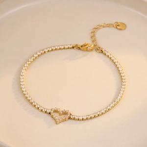 Classic 18K gold plated heart tennis bracelet with white cubic zirconia and lobster clasp