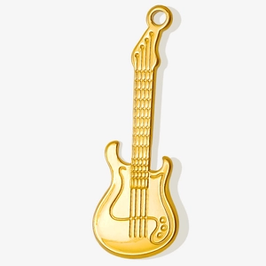 Polished golden stainless steel guitar pendant with punk rock style on white background