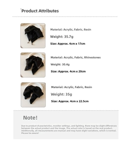 Detailed size chart showing dimensions and weights of three black bow hair claw clips