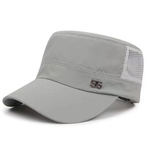 Detail view of grey flat top military hat with breathable mesh side panels and 95 metal logo