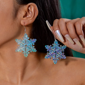 Macro detail of iridescent snowflake earrings with holographic effect on earlobe