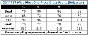 Detailed size chart showing measurements for wide pleated sleeveless mini dress