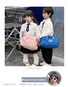Pink and blue nylon kids gym bags with striped shoulder straps shown on 98cm tall models