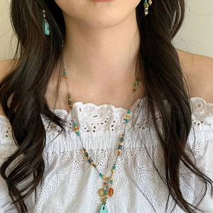 Bohemian turquoise bead necklace and earring set with gold coin and teardrop pendants