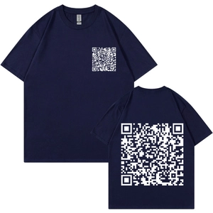 Close-up of navy cotton T-shirt featuring white QR code patterns on front and back