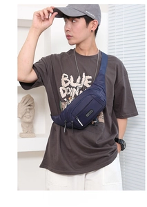 Detail of navy blue nylon waist bag with durable RSPORT label and waterproof material