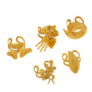 5-piece gold stainless steel ring set featuring floral, feather, and leaf nature motifs