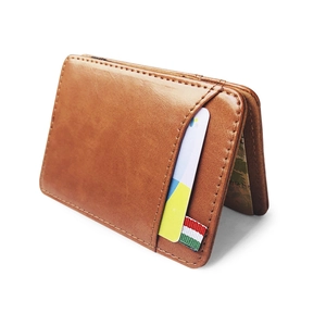 Classic brown leather magic wallet with three-color stripe detail on white background