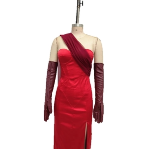 Elegant red satin evening dress with high slit, tulle sash and long leather gloves