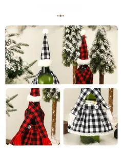 Detailed view of Christmas bottle covers featuring red black plaid and lace edges