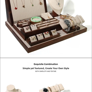 Walnut wood jewelry display set with beige velvet lining for necklaces and rings