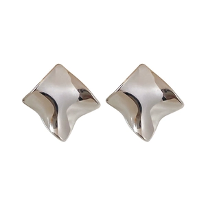Polished silver-tone geometric square stud earrings with abstract twisted design