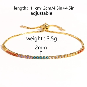 Adjustable gold plated tennis bracelet with 2mm rainbow zircon stones in geometric design
