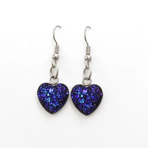 Sparkly purple heart-shaped stainless steel drop earrings with starry glitter effect