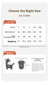 Size chart for pet sweaters showing back length and chest measurements for S to 2XL sizes