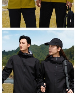 Outdoor hooded softshell jacket with matching waterproof pants for hiking and climbing
