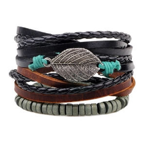 Retro Mehrlagiges Geflochtenes Leder Armband Mit Legierung Blatt Anhänger Und Holzperlen Bohemian Ethnisch Damen Herren Schmuck
