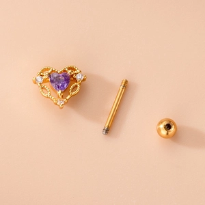 Titanium steel heart tragus stud with purple zircon and gold ball screw flat back