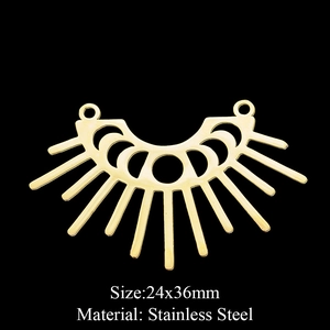 Macro view of 24x36mm golden sunburst stainless steel pendant detail on black background